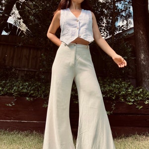 Handmade Organic Linen Flare Pants/ Retro Flare Trousers/ Minimalist Casual/ Byron Bay Beach Pants / Sustainable Clothing for Women