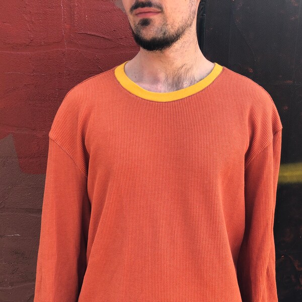 VINTAGE Ribbed Thermal / Retro Orange /  Deadstock / 90s / Camping Hiking / Trekking / Fleece / Undergarment  / Military / Warm Winter Gear