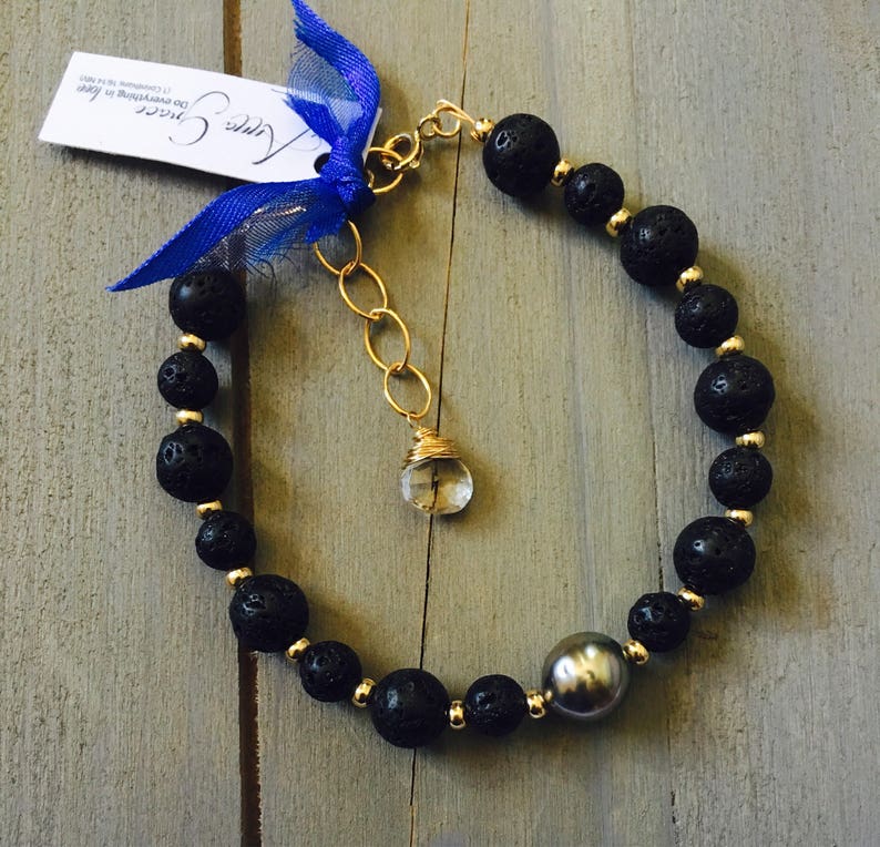 White Howlite and Wood Bead Bracelets on 14K Gold Wire and Beads Made in Hawaii Tahitian Pearl and Lava Rock Turquoise