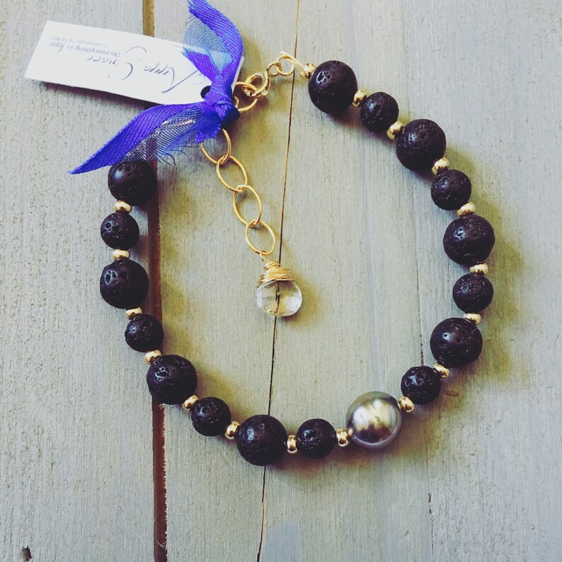 White Howlite and Wood Bead Bracelets on 14K Gold Wire and Beads Made in Hawaii Tahitian Pearl and Lava Rock Turquoise