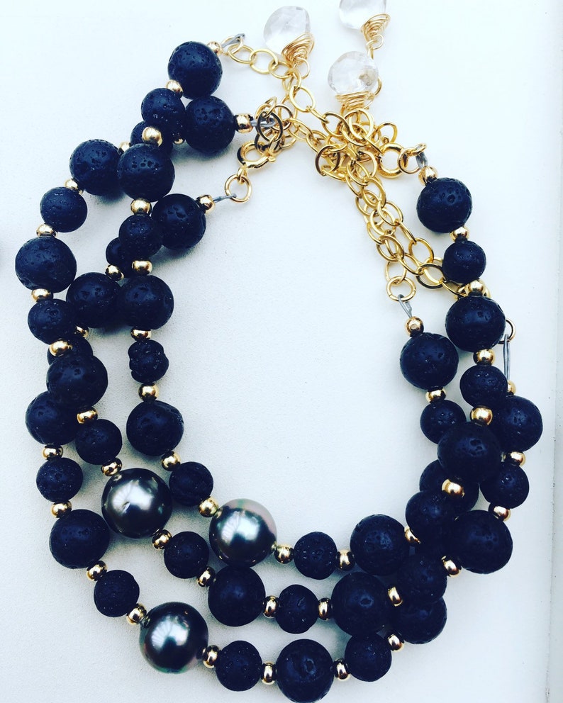 White Howlite and Wood Bead Bracelets on 14K Gold Wire and Beads Made in Hawaii Tahitian Pearl and Lava Rock Turquoise