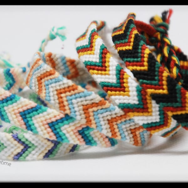 Colorful Chevron Friendship Bracelets: Handmade Cotton Knotted Wristbands with Diagonal Striped Herringbone Boho Chic Braided Design