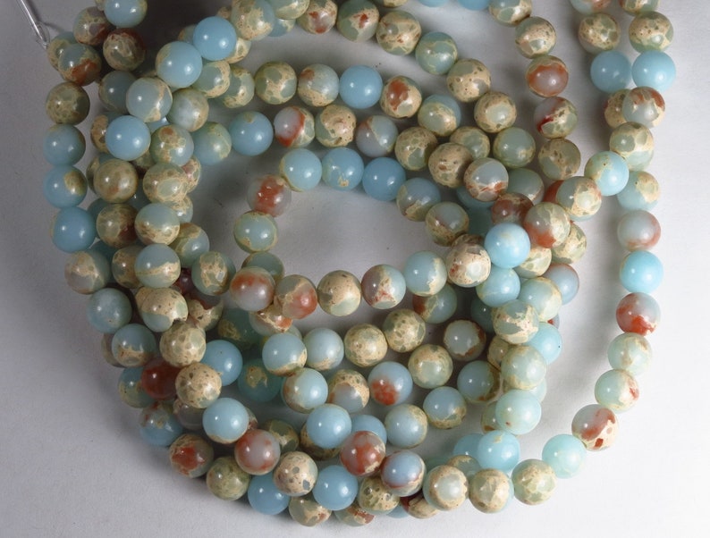 Blue #JASP-034 Aqua Terra and white gemstone stone beads 15 strand of 6mm round ball tan Jasper