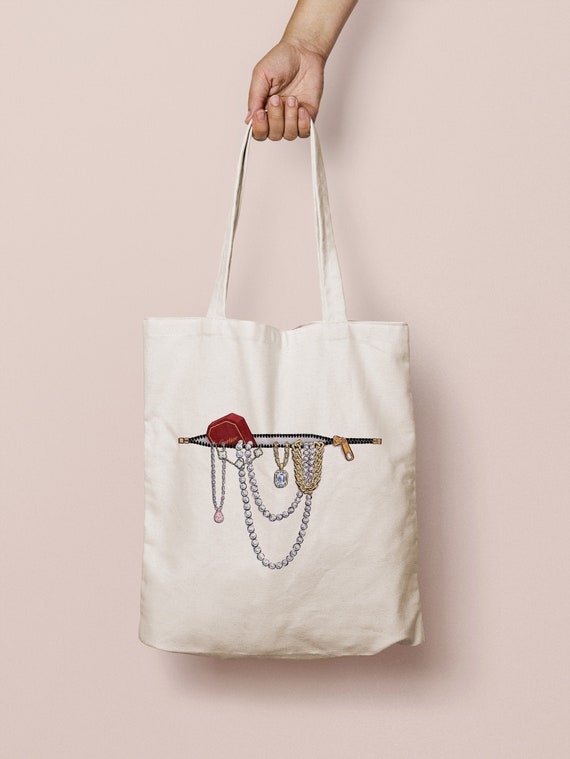 Shopping bag with jewelry print, organic cotton | Canvas tote with  necklaces, bracelets, diamonds and Cartier box