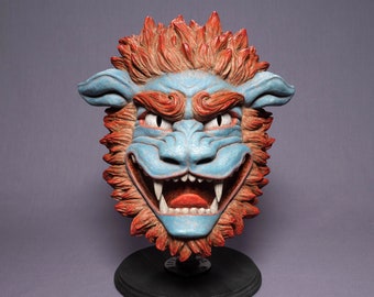 Komainu Lion-Dog Mask - Blue and Red Finish - Handmade - For cosplay or display