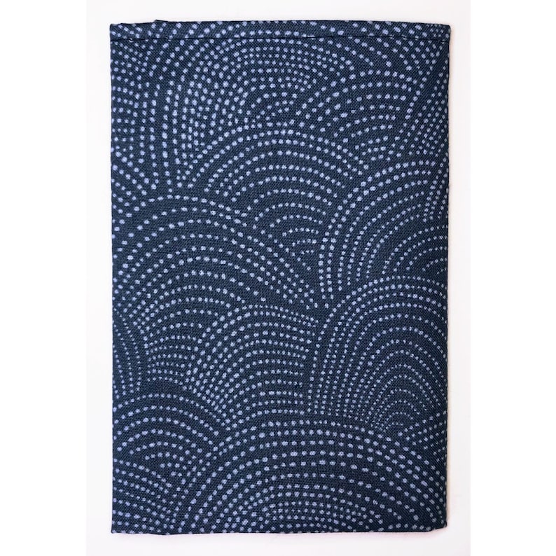 Mens blue was pocket square with white waves with custom thread.
