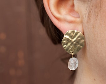 Moonstone Oyster. uneven handmade post earrings made of brass with high recycled content