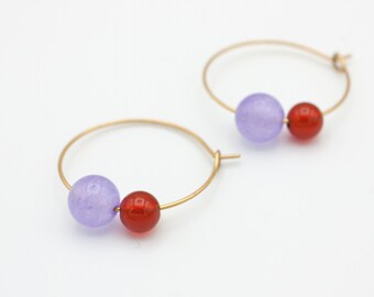 1" diameter lilac & orange hoop earrings made from brass with high recycled content