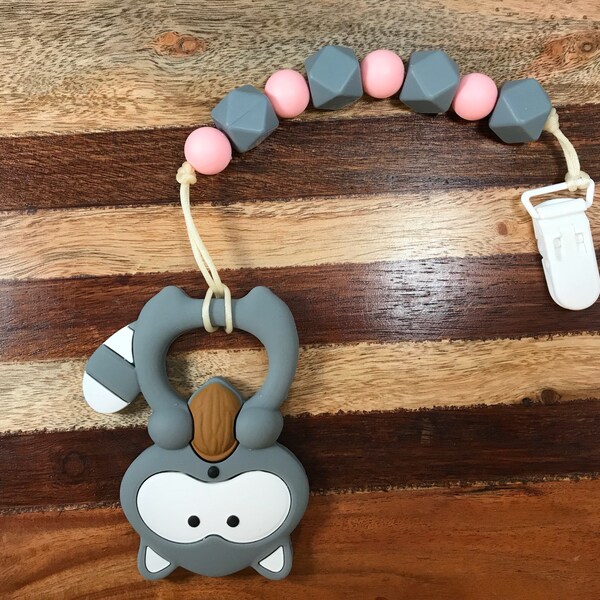 Silicone raccoon, teething clip, compliant, take along, silicone beads, baby girl gift, baby shower gift