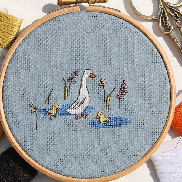 Duck and Ducklings Cross Stitch Pattern, Animal Embroidery, Cute Cross Stitch, Farmyard Animals, Home Decor, Handmade Gift, Hoop Art