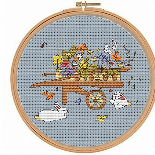 Rabbit Cross Stitch Pattern, Wheelbarrow, Flowers, Farmyard Animals, Cute Cross Stitch, Nature Gift, Embroidery Design, Home Decor, Bunny