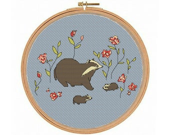Badger Cross Stitch Pattern, Animal Embroidery, Cute Cross Stitch, Home Decor, English Countryside, Embroidery Design, Handmade Gift