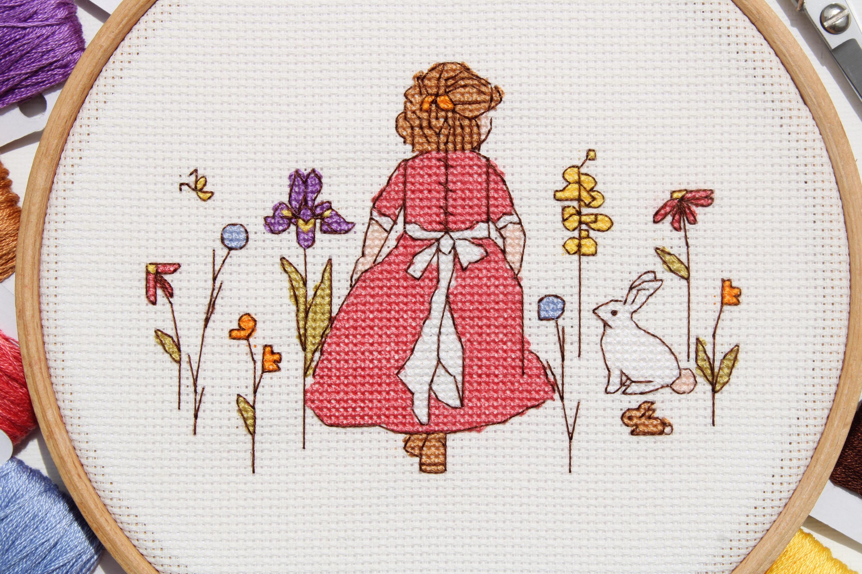 ウサギと女の子のクロスステッチパターン：刺繍デザイン（デジタル