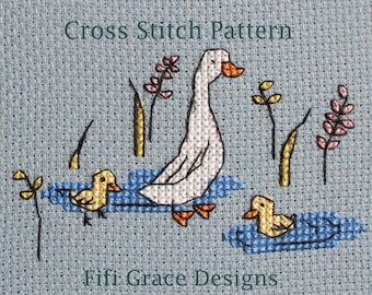Duck and Ducklings Cross Stitch Pattern: Embroidery Designs (Digital Download)