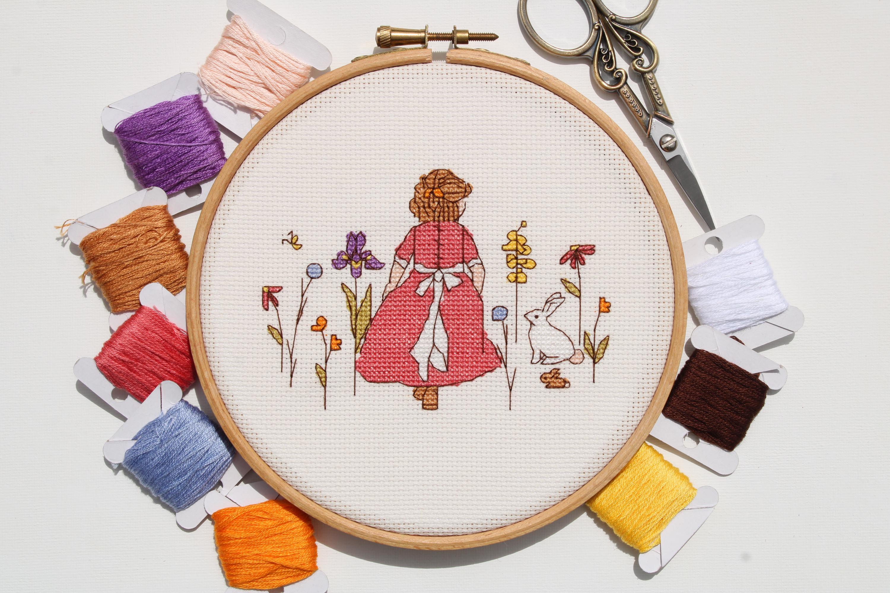 ウサギと女の子のクロスステッチパターン：刺繍デザイン（デジタル