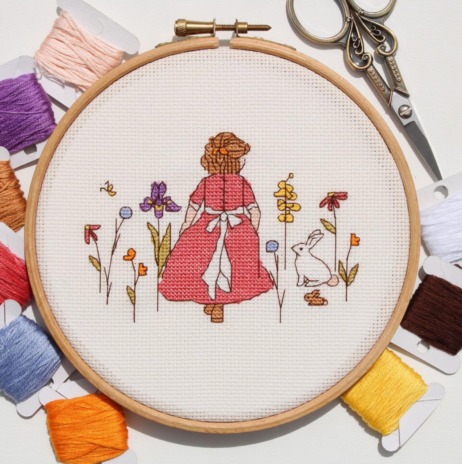 ウサギと女の子のクロスステッチパターン：刺繍デザイン（デジタル