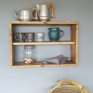 Handcrafted Natural Wooden Double Shelf Wall Unit, Kitchen Storage,