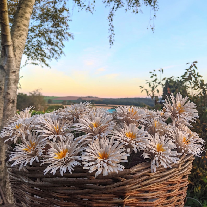 Op de afbeelding: Een rieten mand gevuld met een boeket van witte en gele papieren bloemen. De bloemen zijn in een cirkelvormige opstelling geplaatst en hebben een delicate, gelaagde uitstraling.