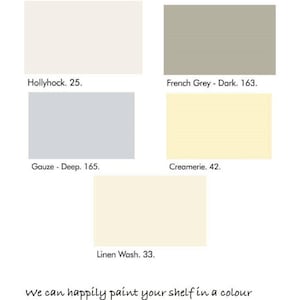 May include: A color chart with five paint color swatches. The colors are: Hollyhock (a light cream), French Grey - Dark (a light gray), Gauze - Deep (a light blue), Creamerie (a light yellow), and Linen Wash (a light beige). The chart includes the color name and number for each swatch.