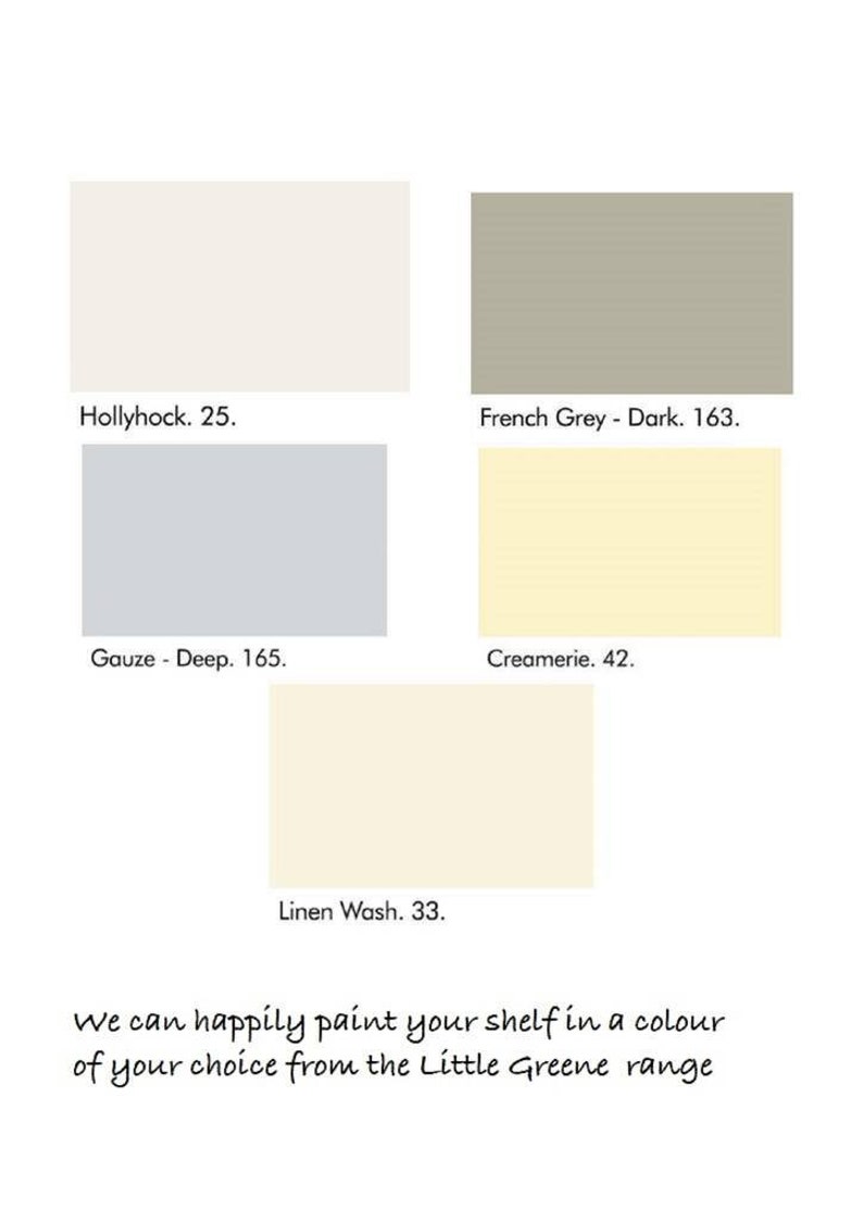 May include: A color chart with five paint color swatches. The colors are: Hollyhock (a light cream), French Grey - Dark (a light gray), Gauze - Deep (a light blue), Creamerie (a light yellow), and Linen Wash (a light beige). The chart includes the color name and number for each swatch.