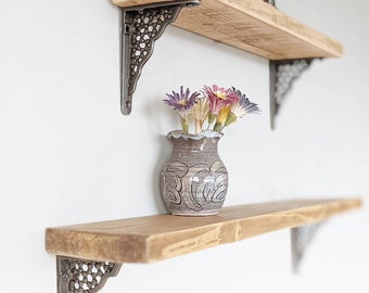 Narrow Wooden Kitchen Shelf with Decorative Metal Brackets Perfect for Small Spaces