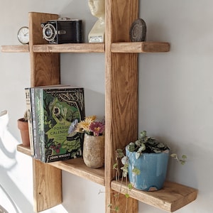 May include: A wooden wall shelf unit with several shelves, featuring a vintage camera, books, a small clock, a bust, a decorative stone, a small potted cactus, a vase of flowers, and a blue ceramic pot with a trailing plant.