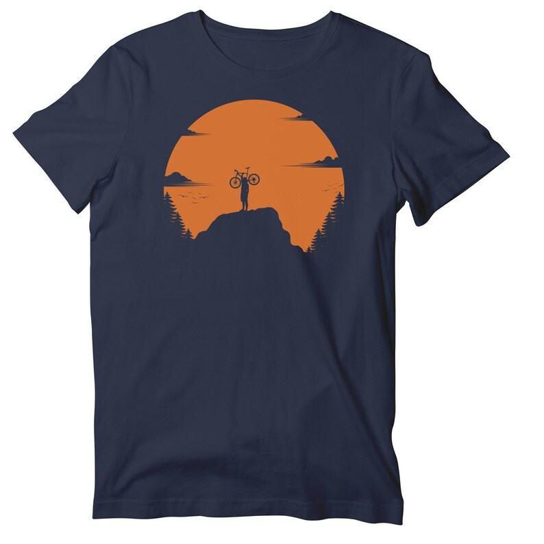 Sunset Mountain Bike Ride T-shirt, Cycling Short Sleeve Shirt Navy