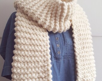 Chunky Knit Wool Scarf, Oversized Handmade  Long Cream  Scarf Ready to ship