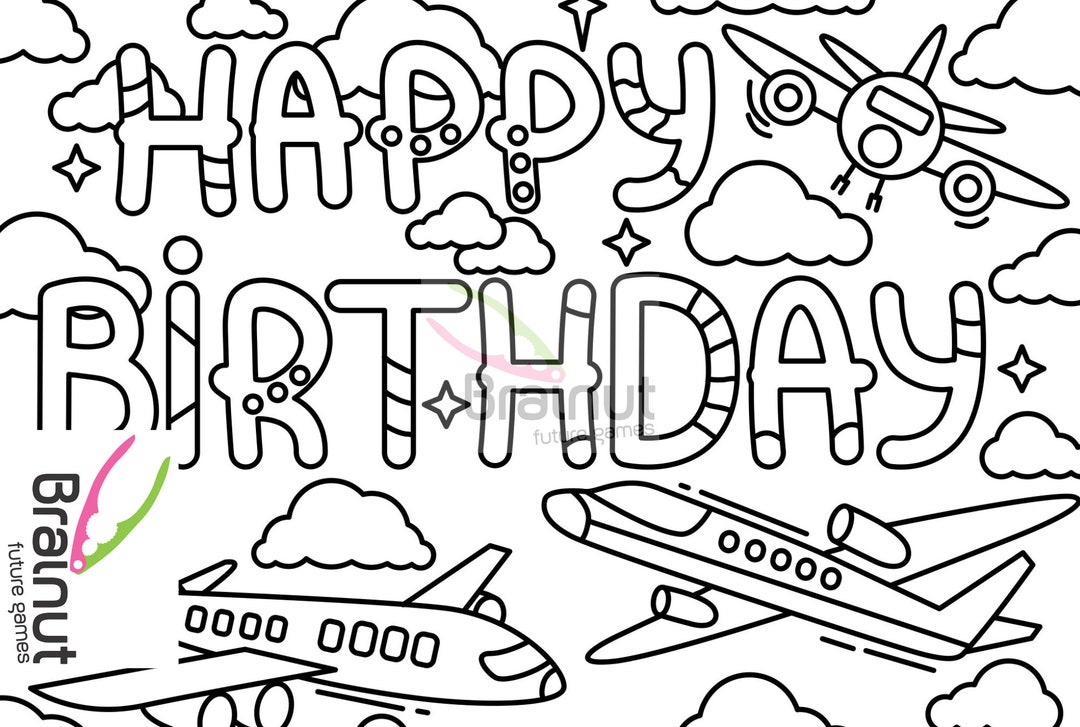 Airplane Happy Birthday Coloring Page - Etsy UK