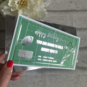 Foiled Rugby Themed Ticket for gifting with metallic envelope - personalised Rugby ticket, match, Stadium Tour, fake ticket, Mascot