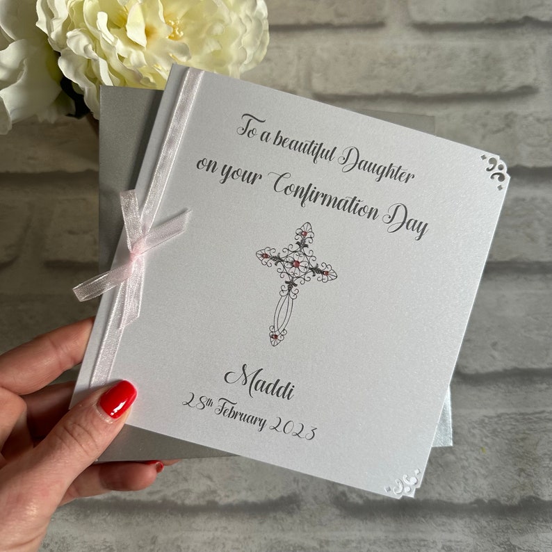 Luxury Communion or Confirmation Congratulations Card Personalised Silver/Pink