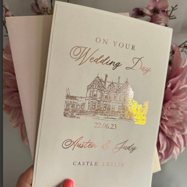 Unique and Stunning Luxury Personalised On your Wedding day card with Venue or Church in Foil print