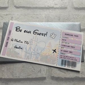 Printed Boarding Pass to Disney with metallic envelope - personalised, Disneyland Paris, Disneyland Florida, be our guest