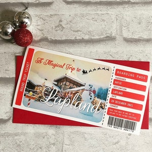 Printed Boarding Pass Ticket Lapland, going to see Santa, Father Christmas, surprise, Personalised Red envelope