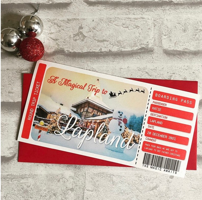 Printed Boarding Pass Ticket Lapland, going to see Santa, Father Christmas, surprise, Personalised Red envelope