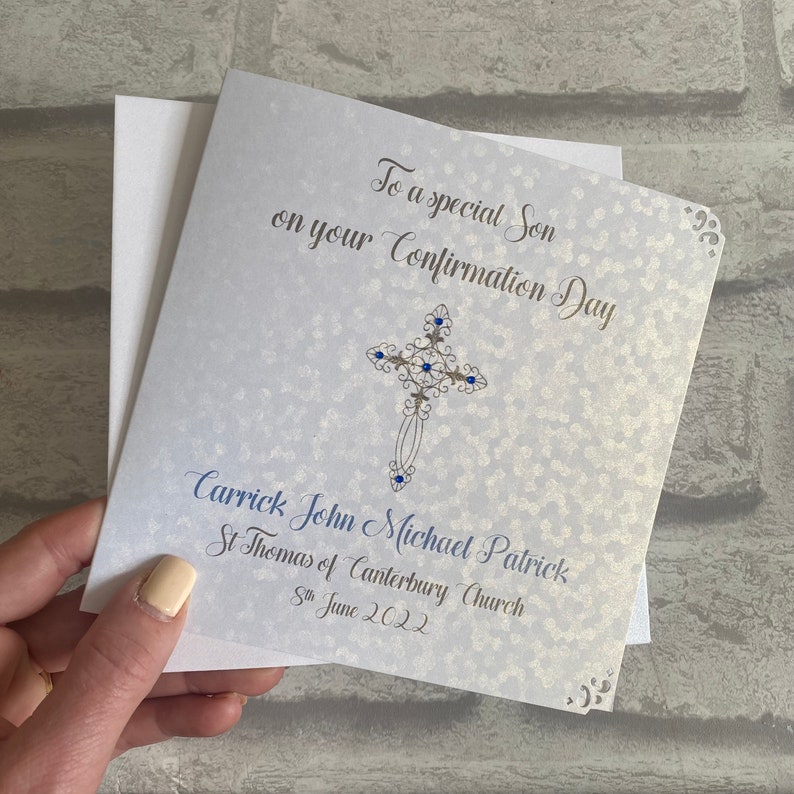 Luxury Communion or Confirmation Congratulations Card Personalised Sequins Pearl White