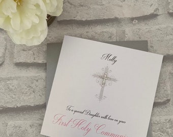 Carte de communion ou de confirmation de luxe avec croix en strass, carte personnalisée, célébration religieuse