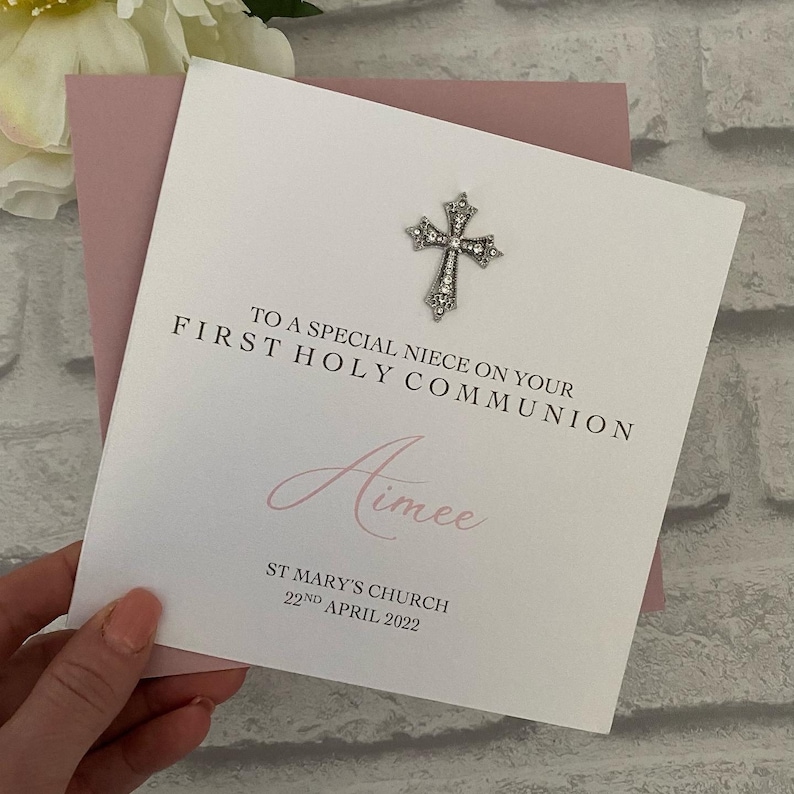 Luxury Holy Communion or Confirmation Card with filigree cross embellishment, personalised card, religious celebration, congratulations card image 2