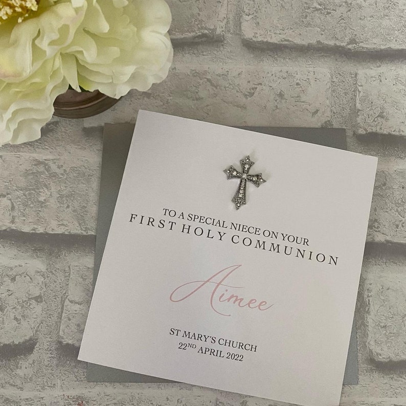 Luxury Holy Communion or Confirmation Card with filigree cross embellishment, personalised card, religious celebration, congratulations card image 5