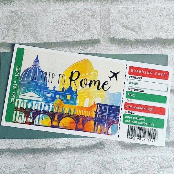 Printed Boarding Pass Ticket - personalised, Rome, Italy