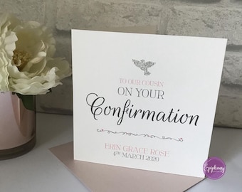Carte de félicitations de confirmation personnalisée de luxe - détail colombe sur la carte de paillettes