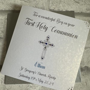 Luxury Communion or Confirmation Congratulations Card Personalised Sequins Silver