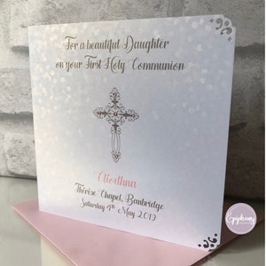 Luxury Communion or Confirmation Congratulations Card Personalised Sequins Pink