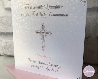 Carte de félicitations de luxe pour communion ou confirmation, paillettes personnalisées