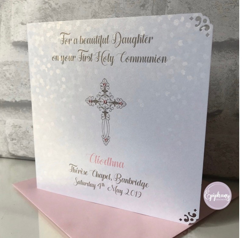 Luxury Communion or Confirmation Congratulations Card Personalised Sequins Pink