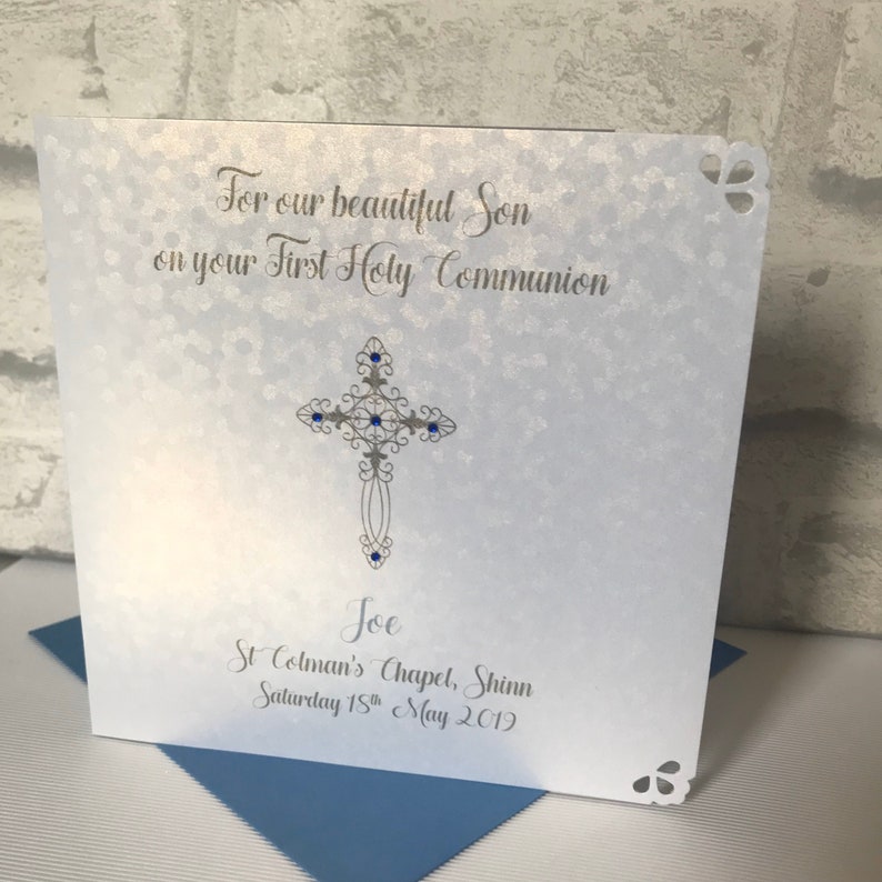 Luxury Communion or Confirmation Congratulations Card Personalised Sequins Blue