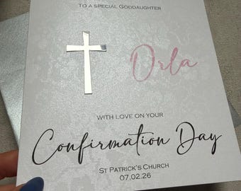Luxury Personalised Communion / Confirmation Card: Silver mirror cross, white broderie card