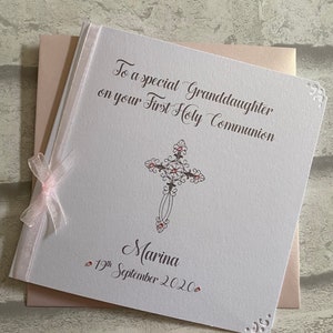 Luxury Communion or Confirmation Congratulations Card Personalised Pink/Pink