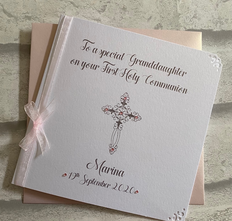 Luxury Communion or Confirmation Congratulations Card Personalised Pink/Pink