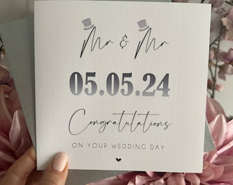 Mr & Mr wedding day congratulations card with wedding date, personalised wedding day card